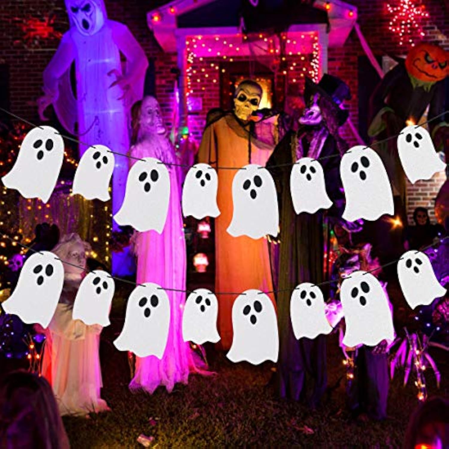 2 Pack White Glitter Halloween Ghost Garland Banner Indoor Haunted Mansion Decor