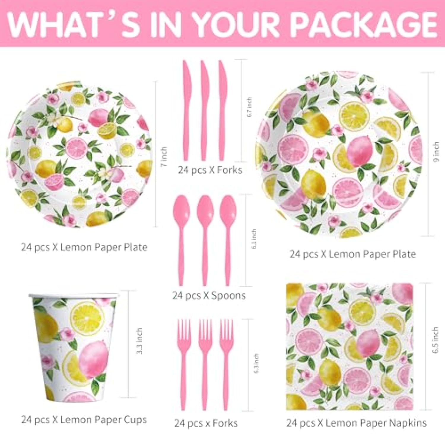 Lemon Party Decorations Tableware For Girls, Summer Pink Lemon Birthday Party Supplies, Disposable Paper Plate, Napkin, Cup, Cutlery, For Birthday Baby Shower Bridal Shower, 24 Guests