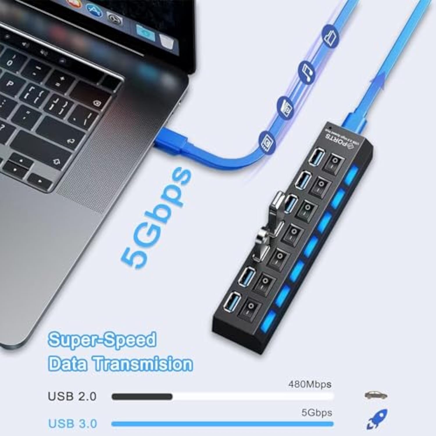 Usb Hub 3.0, 4-Port Usb 3.0 Data Hub With Individual Led Lit Power Switches [C