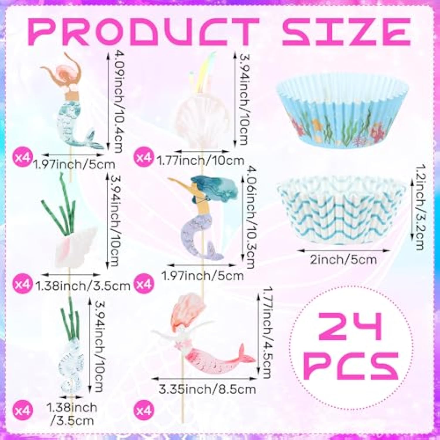 48 Pcs Mermaid Cupcake Kit Include 24 Mermaid Cake Topper 24 Ocean Cupcake Liners For Birthday Graduation Party Supplies Seahorse Shell Seaweed Conch Under The Sea Cake Decoration