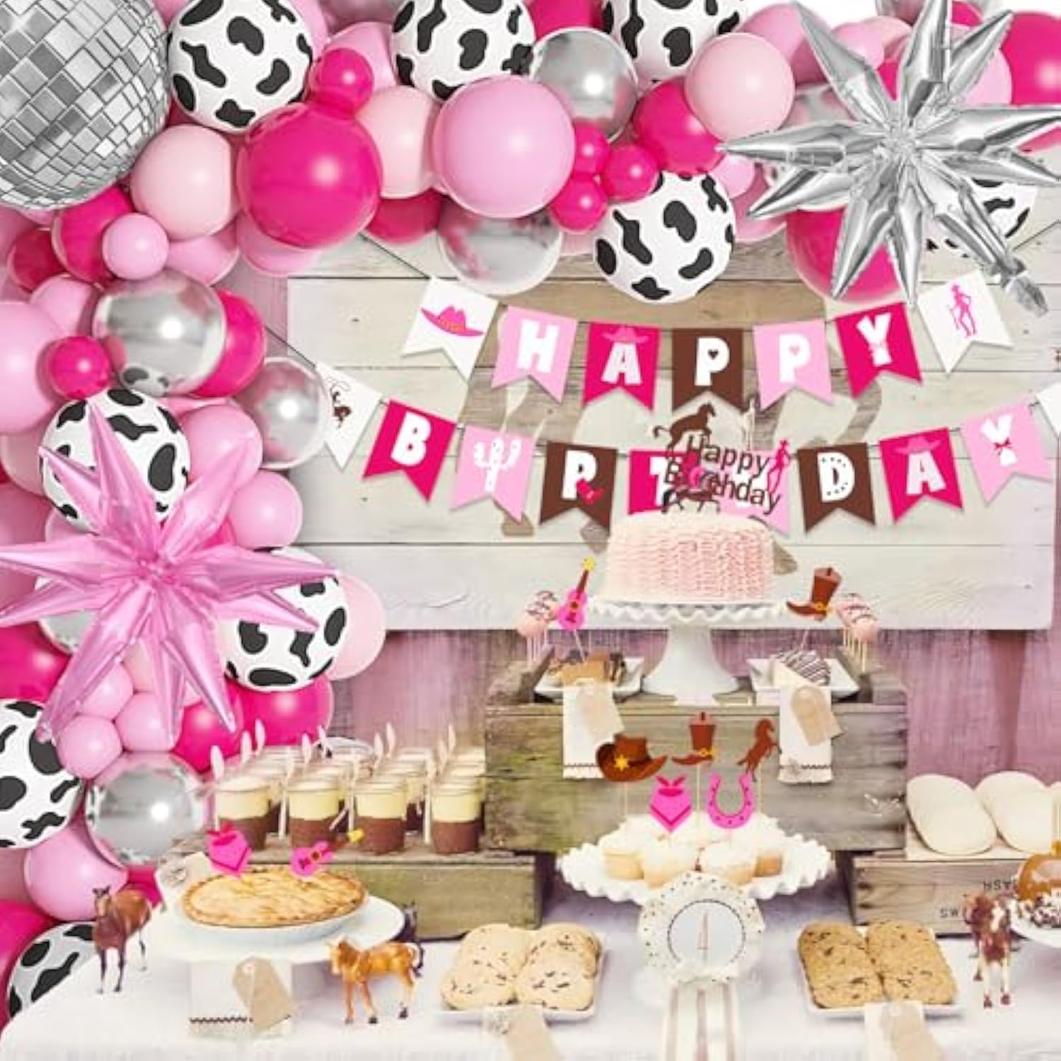 108Pcs Cowgirl Party Decor Set – Pink Western Balloons, Banners, Toppers & Backdrop