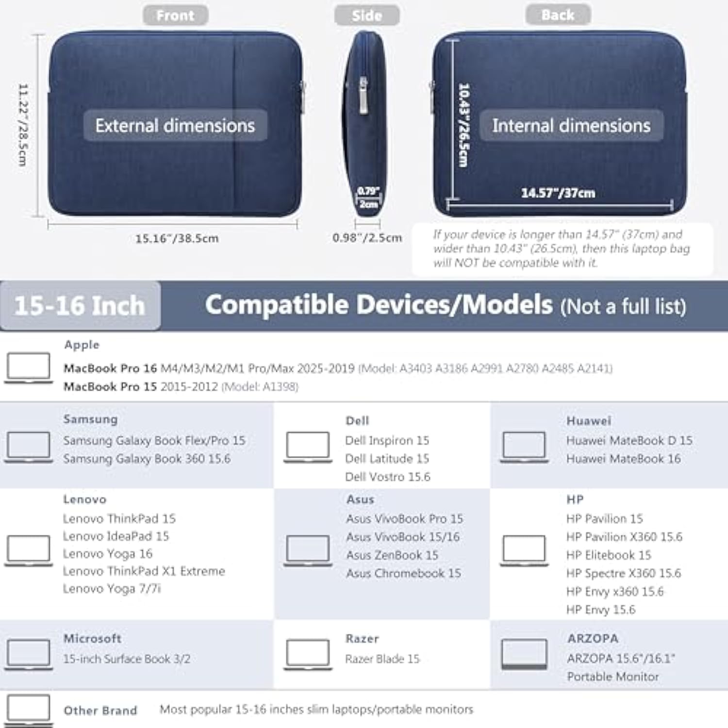 15-16 Inch Laptop Sleeve Bag Set For Macbook Pro 16 M4/M3/M2/M1 Pro/Max, 15" Surface Book, Notebook Case For 15" 15.6" Hp Dell Lenovo Thinkbook Asus Acer Samsung Huawei, Navy Blue