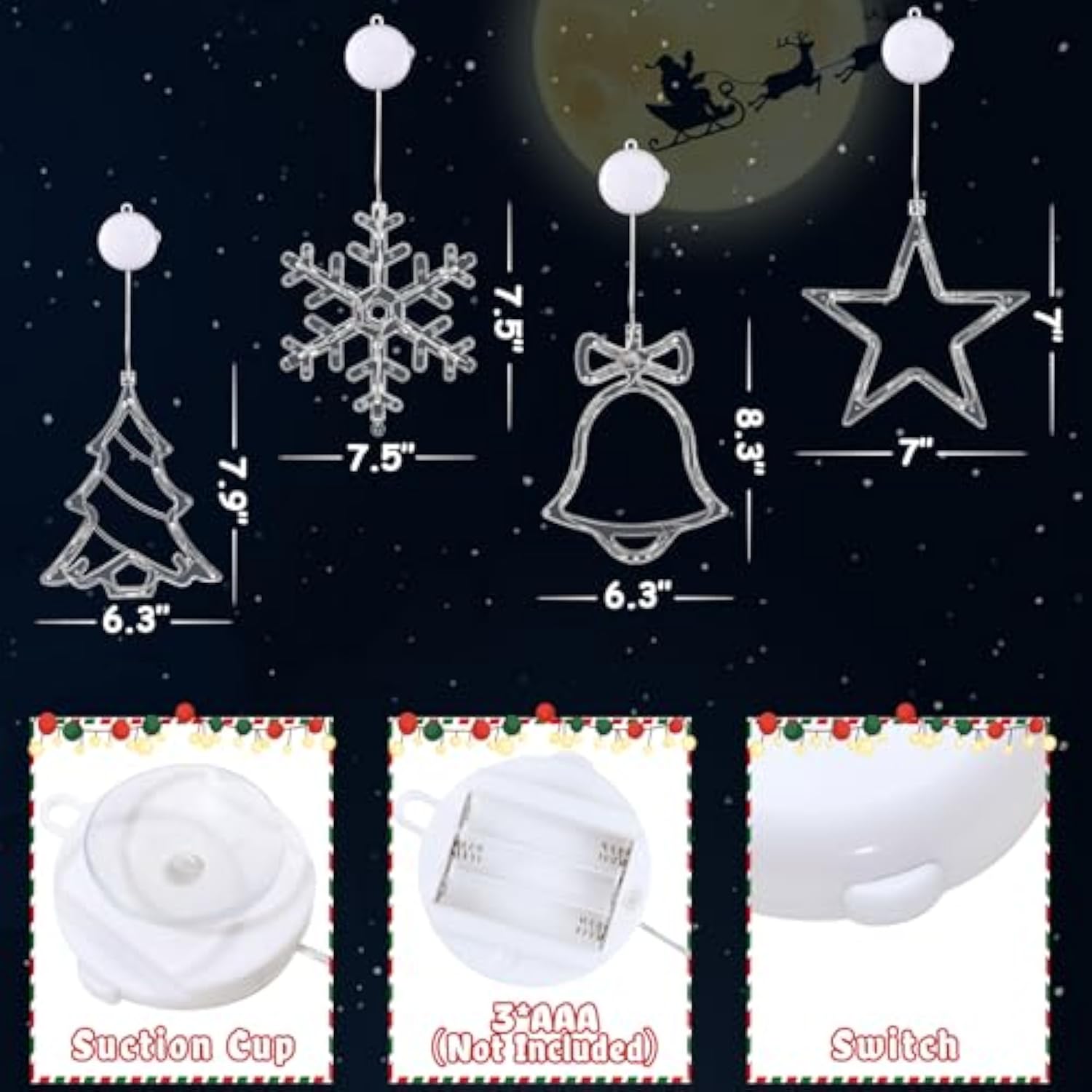 4 Pcs Christmas Window Lights With Timer Function, Christmas Window Decorations Jingle Bell Snowflake Christmas Tree Sta