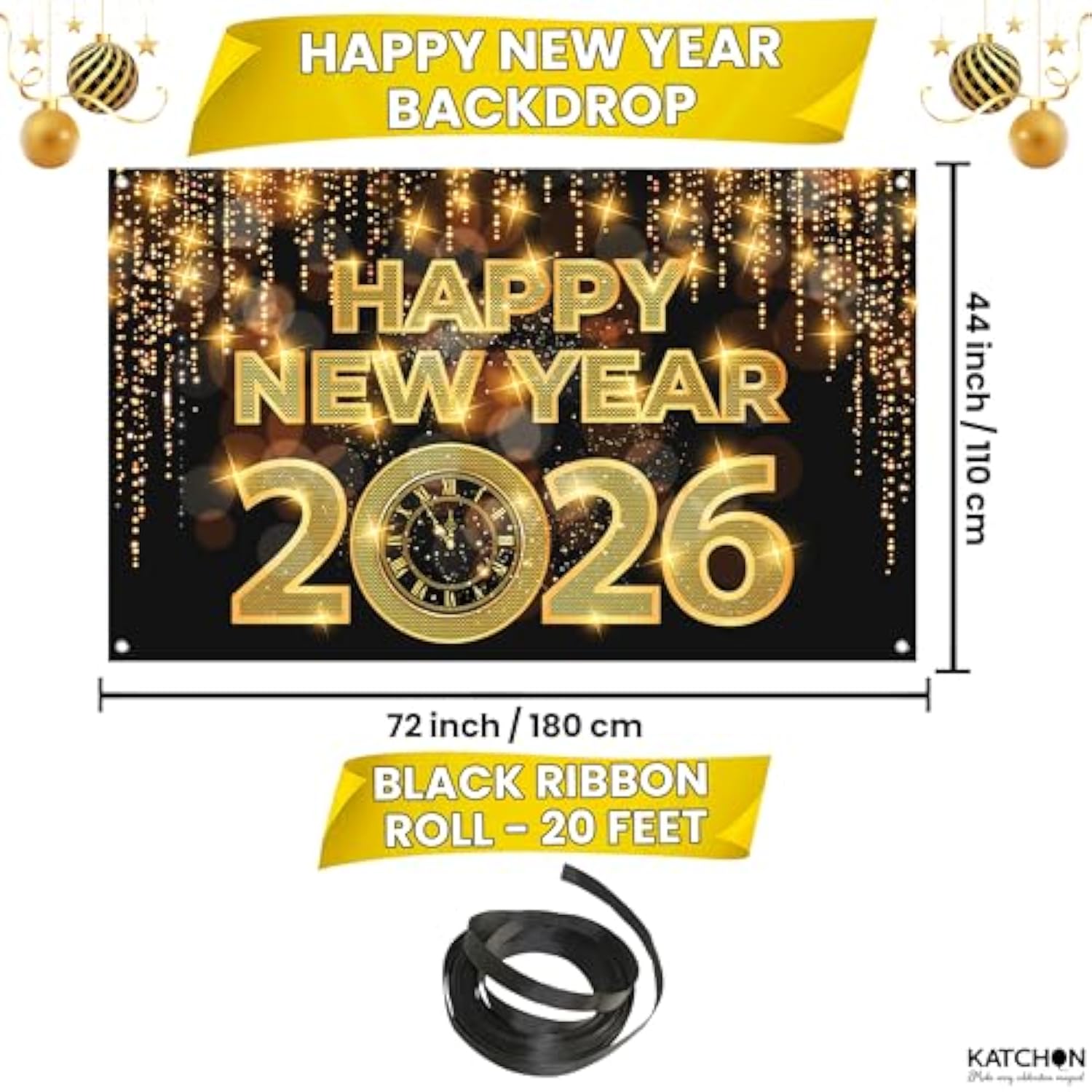 Extra Large 72x44 Inch Happy New Year 2026 Banner Gold & Black NYE Backdrop