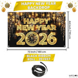 Extra Large 72x44 Inch Happy New Year 2026 Banner Gold & Black NYE Backdrop