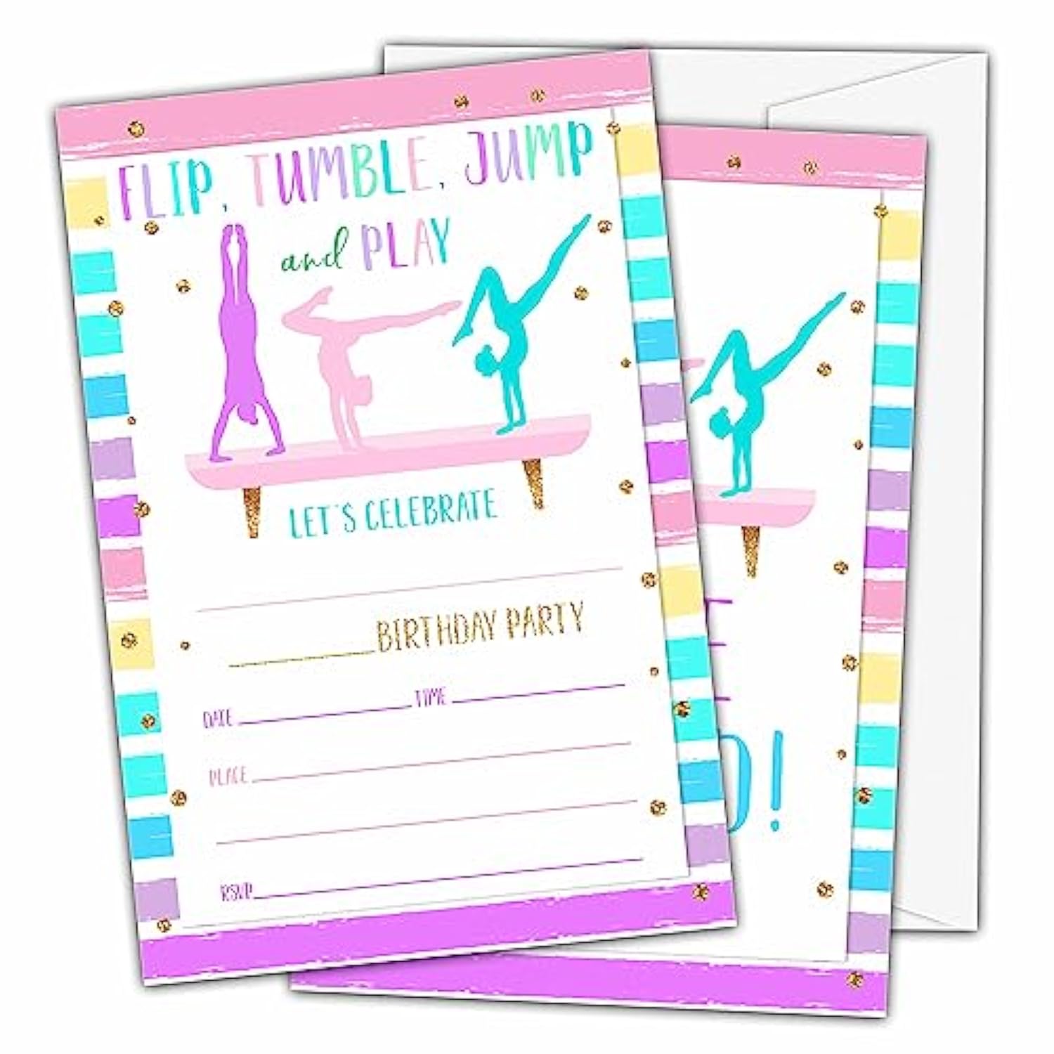 Gymnastics Birthday Invitations, Gymnastics Theme Birthday Party Invitations For Girls Boys Kids, Jump Tumble And Play Fill In Birthday Party Invites, Decorations, 20 Invitations With Envelopes (D04)