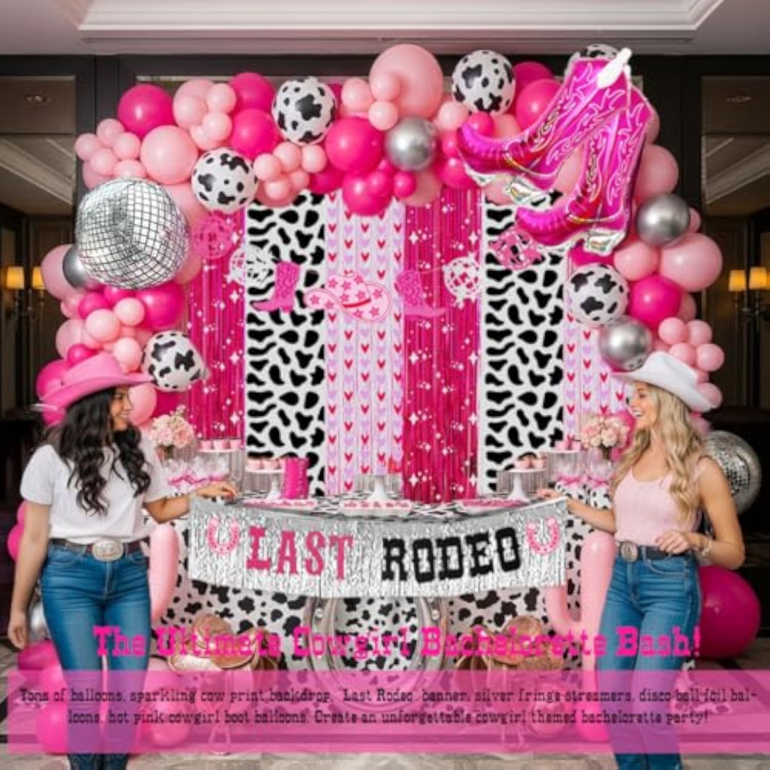 Cowgirl Last Rodeo Bachelorette Party Hot Pink Silver Balloon Arch Disco Boots Banner