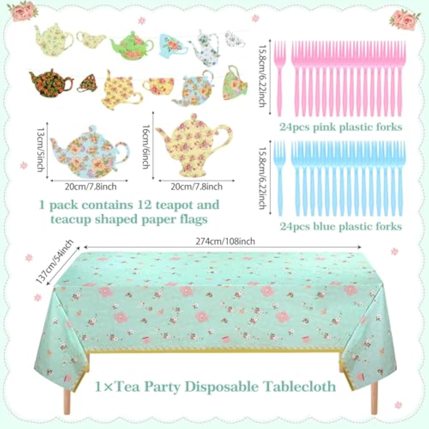 194 Pcs Tea Floral Party Supplies Include 9 Oz Paper Tea Cups With Handle, 6 Paper Plates Napkins Banner, Plastic Tablecloth Forks, 48 Guests Disposable Floral Tableware Set For Wedding