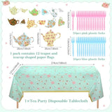 194 Pcs Tea Floral Party Supplies Include 9 Oz Paper Tea Cups With Handle, 6 Paper Plates Napkins Banner, Plastic Tablecloth Forks, 48 Guests Disposable Floral Tableware Set For Wedding