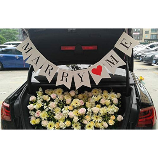 Marry Me Banner, White Cardboard With Black Letters, Swallowtail Desig