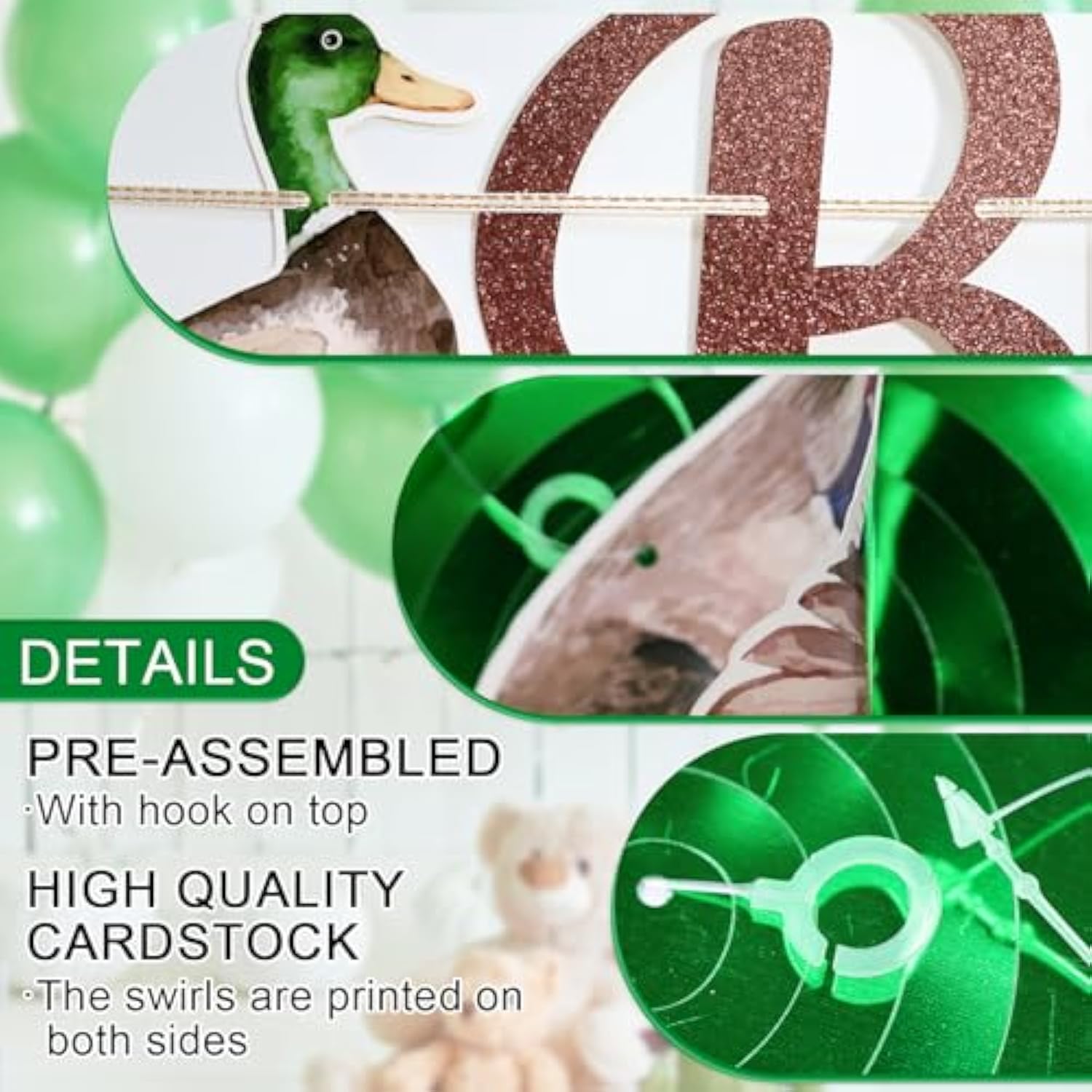 Duck Hunting Birthday Decor Set – Mallard Banner & Hanging Swirls (10-Pcs)
