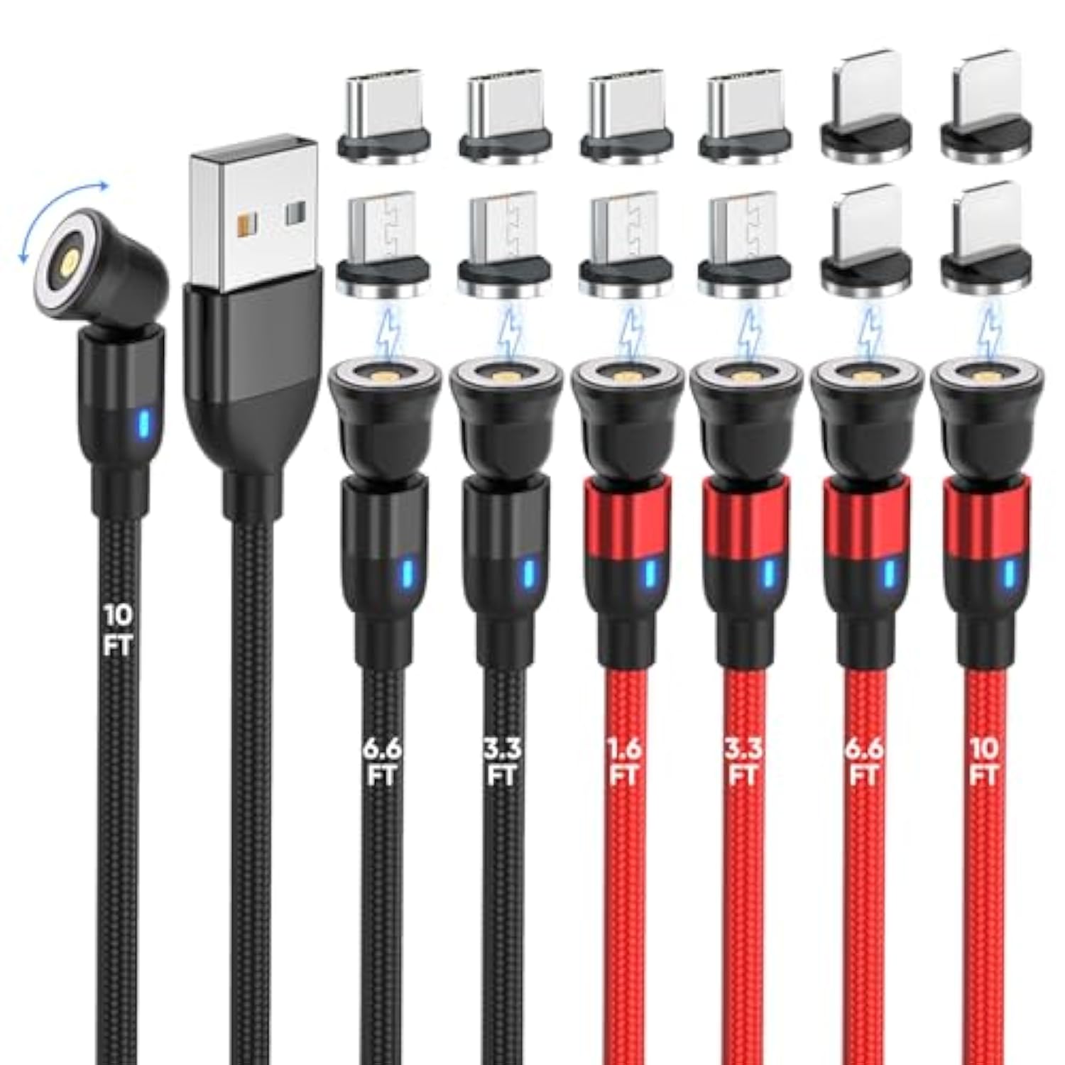 540 Rotating Magnetic Charging Cable [7-Pack, 1.6Ft/3Ft/3Ft/6Ft/6Ft/10Ft/10Ft] 3 In 1 Nylon Braided Magnetic Usb Cable For Iproduct/Micro Usb/Type C Device
