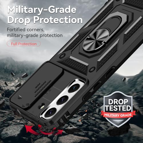 For Galaxy S22 Case With Screen Protector: [Military Grade 20Ft. Drop Tested] Slide Camera Cover Ring Shockproof Protective Phone Case For - Samsung Galaxy S22 (Black)