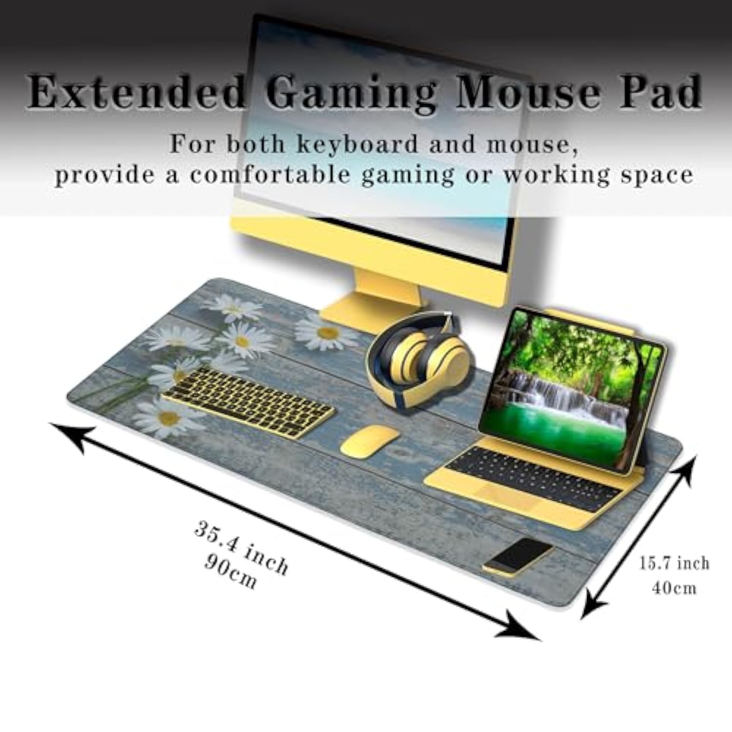 Computer Desk Mat Mouse Pad, Big Non-Slip Rubber Base Mousepad For Pc, Work, Game, Office, Home - 35.4 X 15.7 Inch - Daisy Flowers On Old Wooden