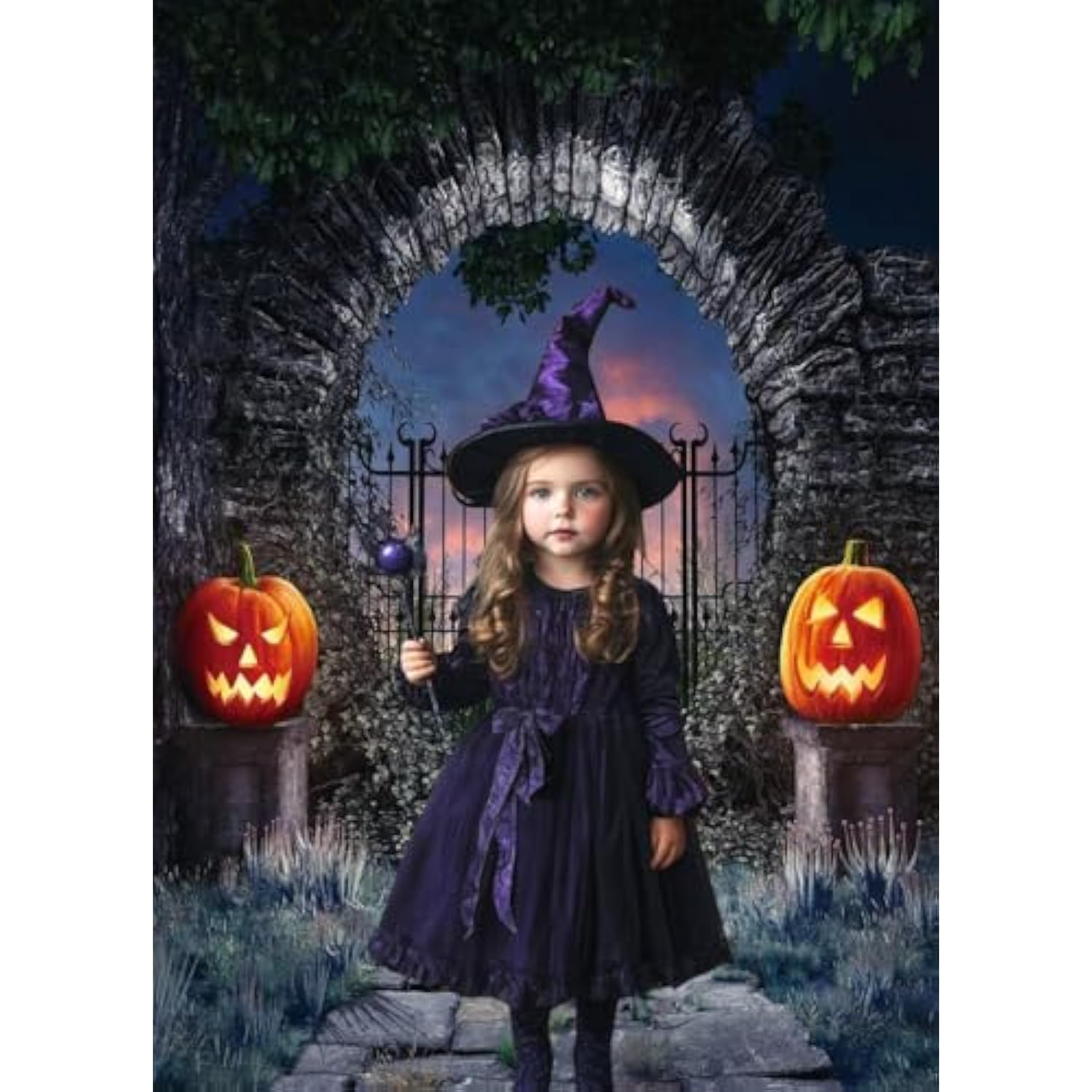 5x7Ft Halloween Gate Backdrop Gothic Arch Jack-O'-Lantern Castle Photo Decor