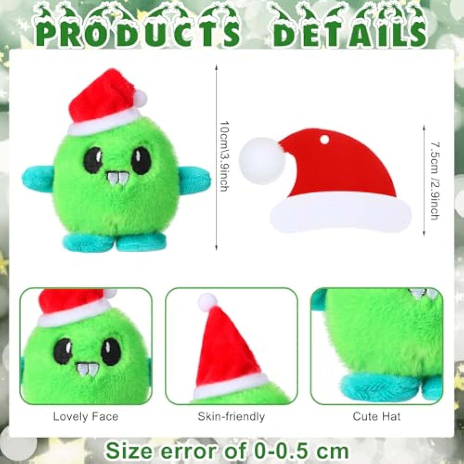 20 Packs Christmas Monster Plush Toys Set -Green Cute Stuffed Animal With Santa Hat, Small Plush Doll Gift Bags For Kids Stocking Stuffer Party Favor Classroom Exchange