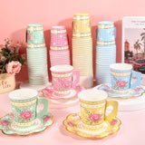 200 Pcs Floral Paper Tea Cups And Saucers 9 Oz Disposable Tea Party Cups Bulk With Handle And Plates For Tea Party Decoration Baby Shower Bridal Wedding Birthday