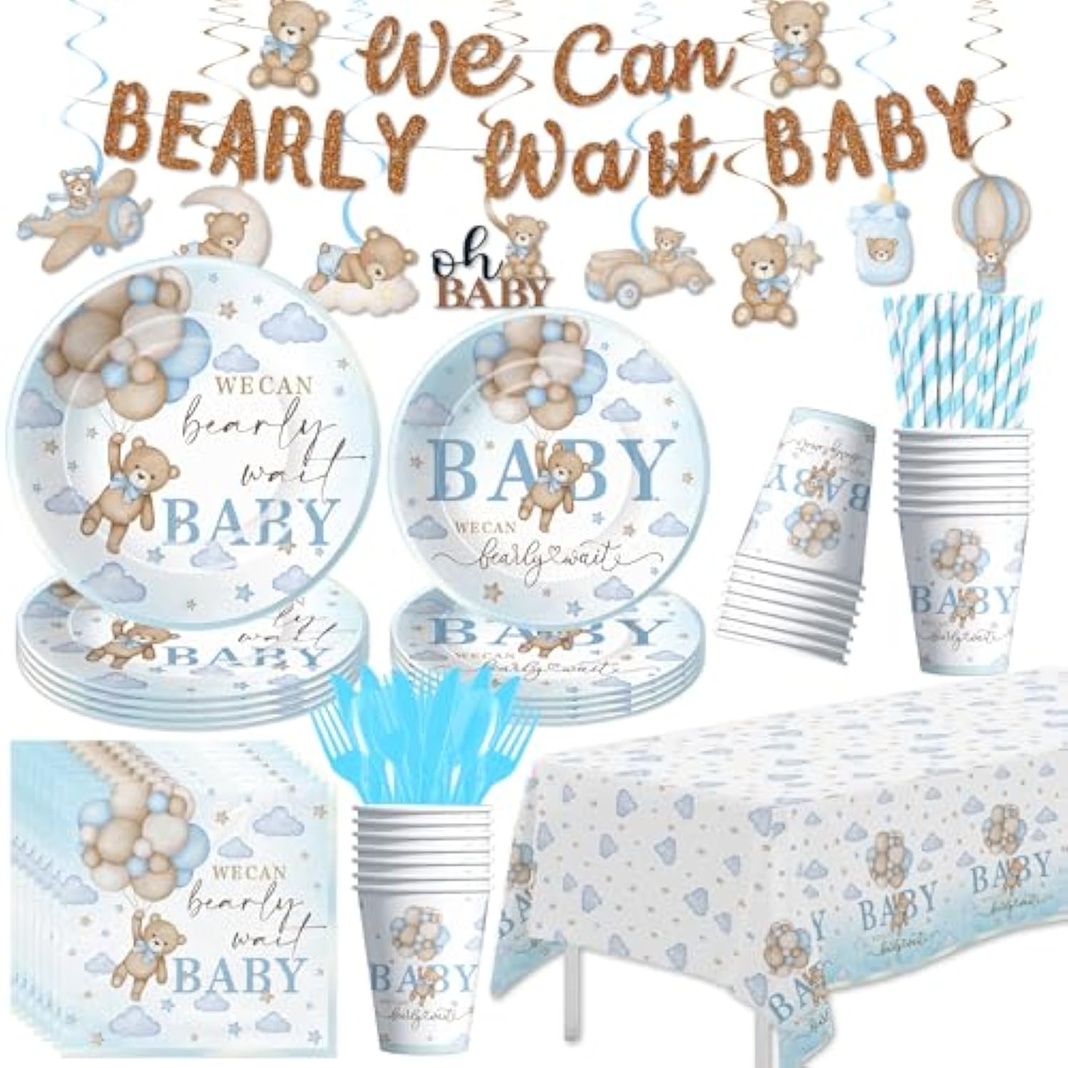 Bear Baby Shower Decorations For Boy, Blue Teddy Bear Theme We Can Bearly Wait Baby Shower Decorations Party Supplies, Paper Plate, Cup, Banner, Tablecloth, Napkin, Swirls, Cutlery, Serves 24