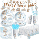 Bear Baby Shower Decorations For Boy, Blue Teddy Bear Theme We Can Bearly Wait Baby Shower Decorations Party Supplies, Paper Plate, Cup, Banner, Tablecloth, Napkin, Swirls, Cutlery, Serves 24