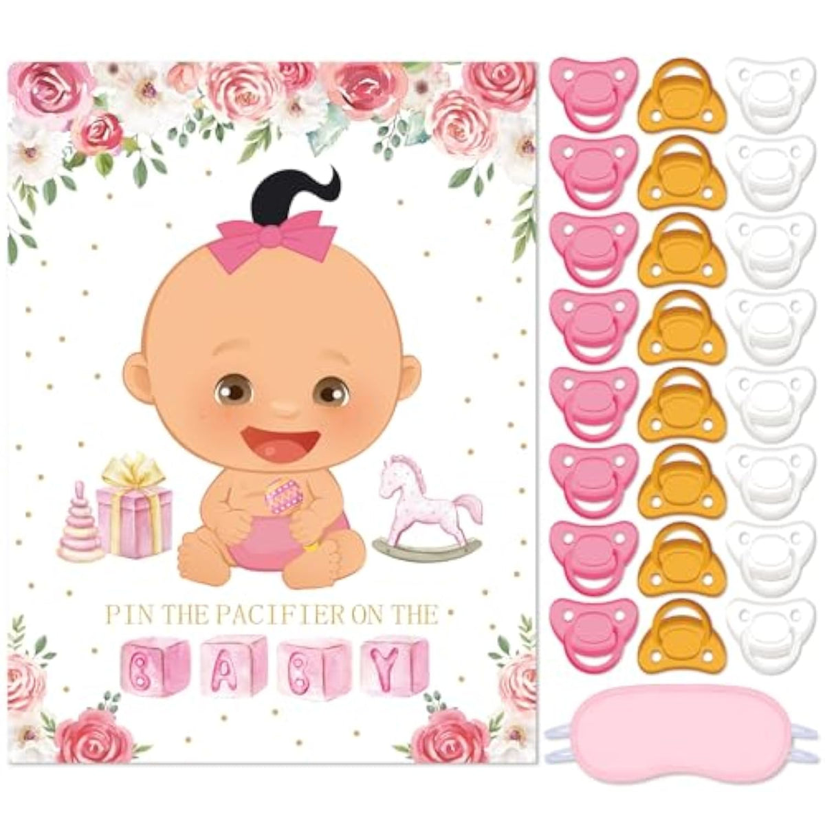 Pin The Pacifier Baby Shower Games Baby Shower Party Decoration Include Large Poster 24 Pacifier Stickers Pink Blindfold Pin Floral Game Set For Birthday Party Decorations Game Supplies(Pink)