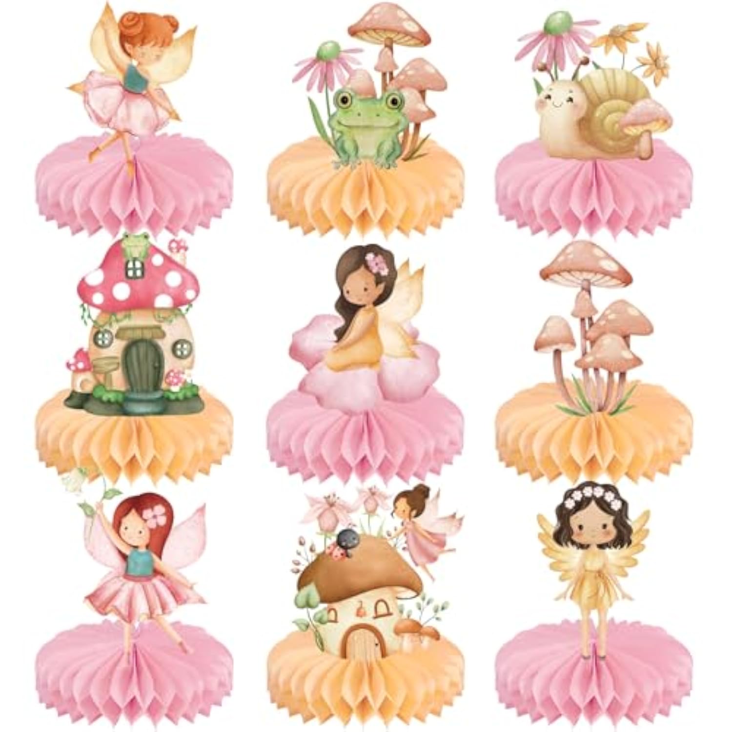 9 Pcs Fairy Party Decorations Fairies Honeycomb Centerpieces First Birthday Baby Shower Table Decor 3D Fairyland Mushroom Frog Paper Centerpieces For Home Forest Wonderland Supplies