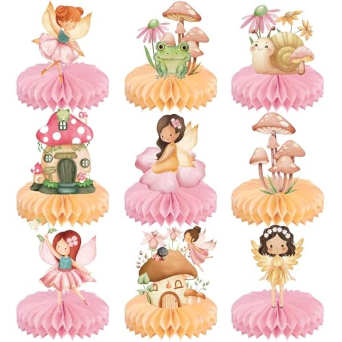 9 Pcs Fairy Party Decorations Fairies Honeycomb Centerpieces First Birthday Baby Shower Table Decor 3D Fairyland Mushroom Frog Paper Centerpieces For Home Forest Wonderland Supplies