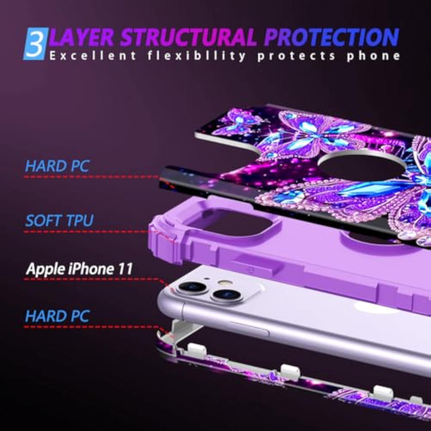 Glow in the Dark Heavy Duty Shockproof Case for Apple iPhone 11 6.1 inch, Compatible with iPhone 11 Case, Three Layer Full Protection Hard Plastic Bumper+Soft Silicone Protective Case
