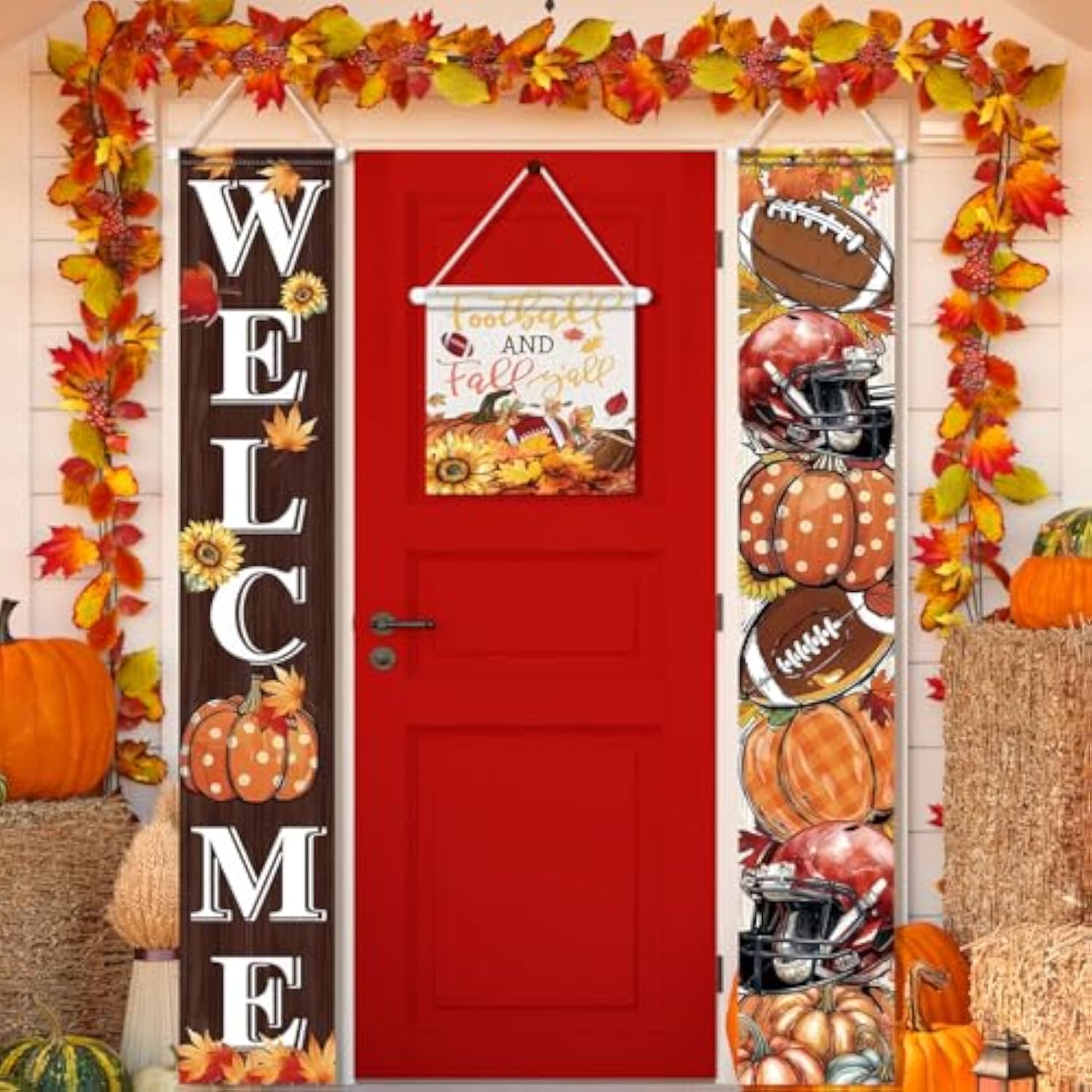 3Pcs Thanksgiving Decorations Football And Fall Y'All Yard Sign Autumn Football Welcome Door Cover Banner Autumn Pumpkins Rustic Seasonal Farmhouse Thanksgiving Decoration Home Outdoor Decor