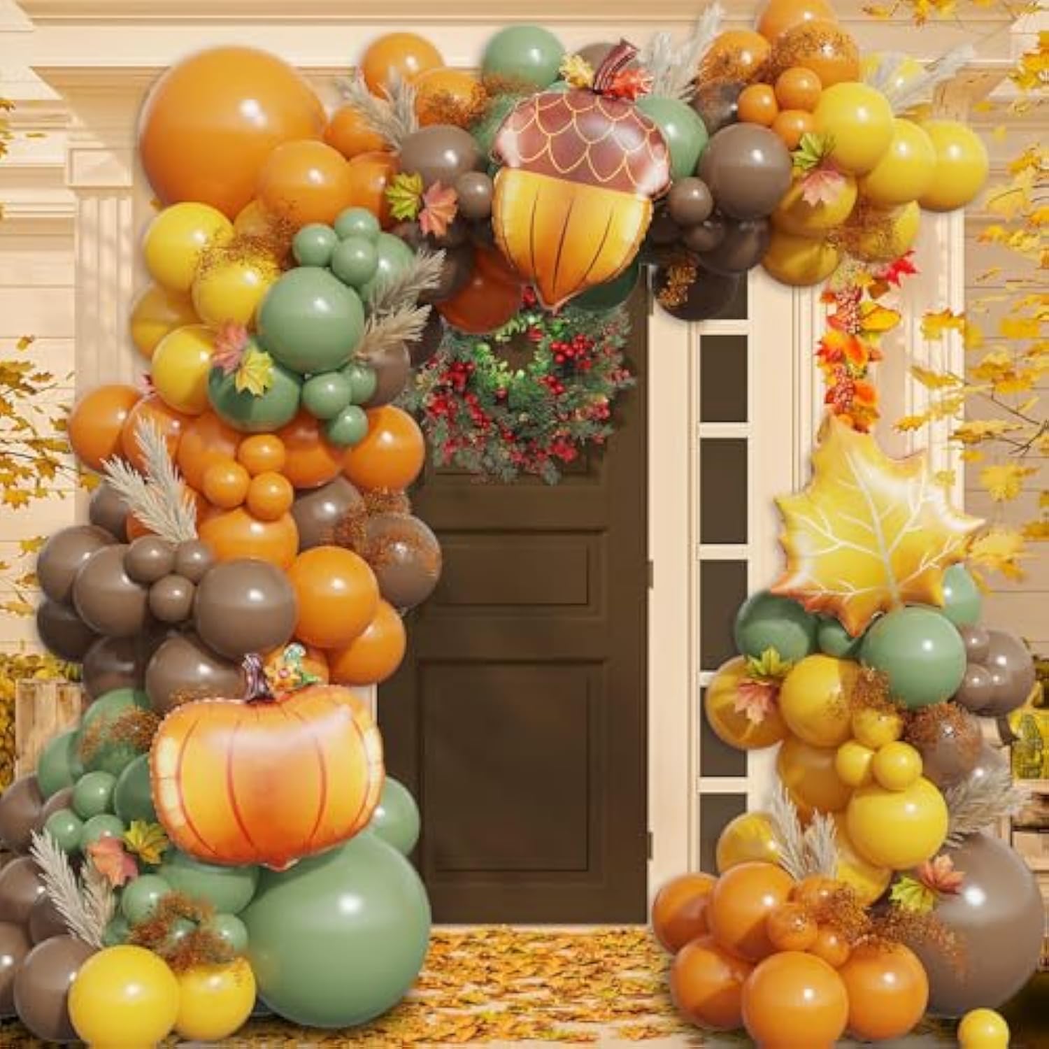 140 Pcs Fall Balloon Arch Kit Burnt Orange Sage Green Brown Leaf Pumpkin Foil Party Decor