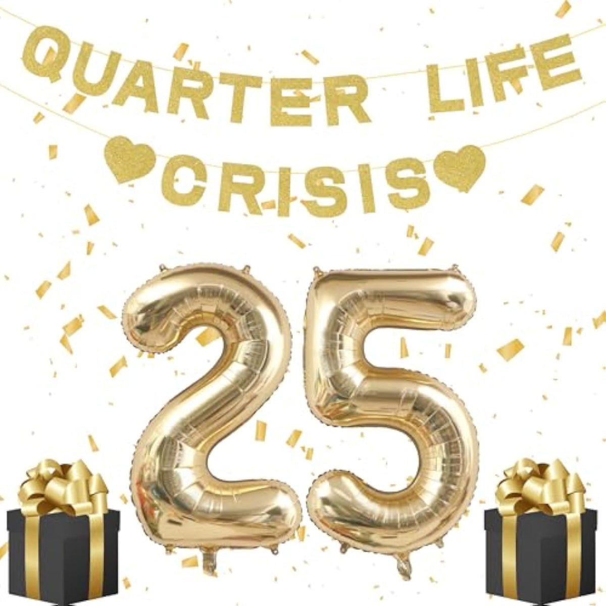 25Th Birthday Decoration For Women, Gold Banner For 25 Years Old Quarter Life Crisis Gold 25 Balloons Numbers Give Her Cheering 25Th Birthday Gift Twenty-Five Party Supplies