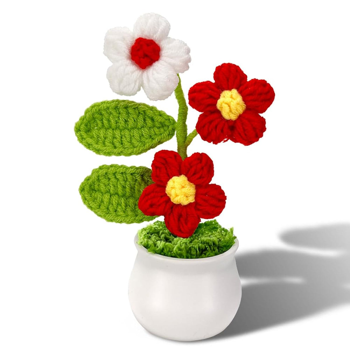 Crochet Potted Puff Flowers Knitted: Handmade Knitted Flower For Decorations Car Dashboard Desk Decor (Red)