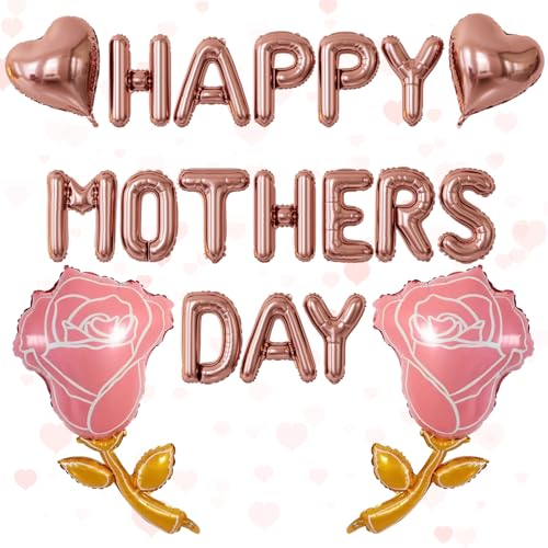 Happy Mothers Day Balloons Banner with Heart, Rose Balloons, Gifts for Mom