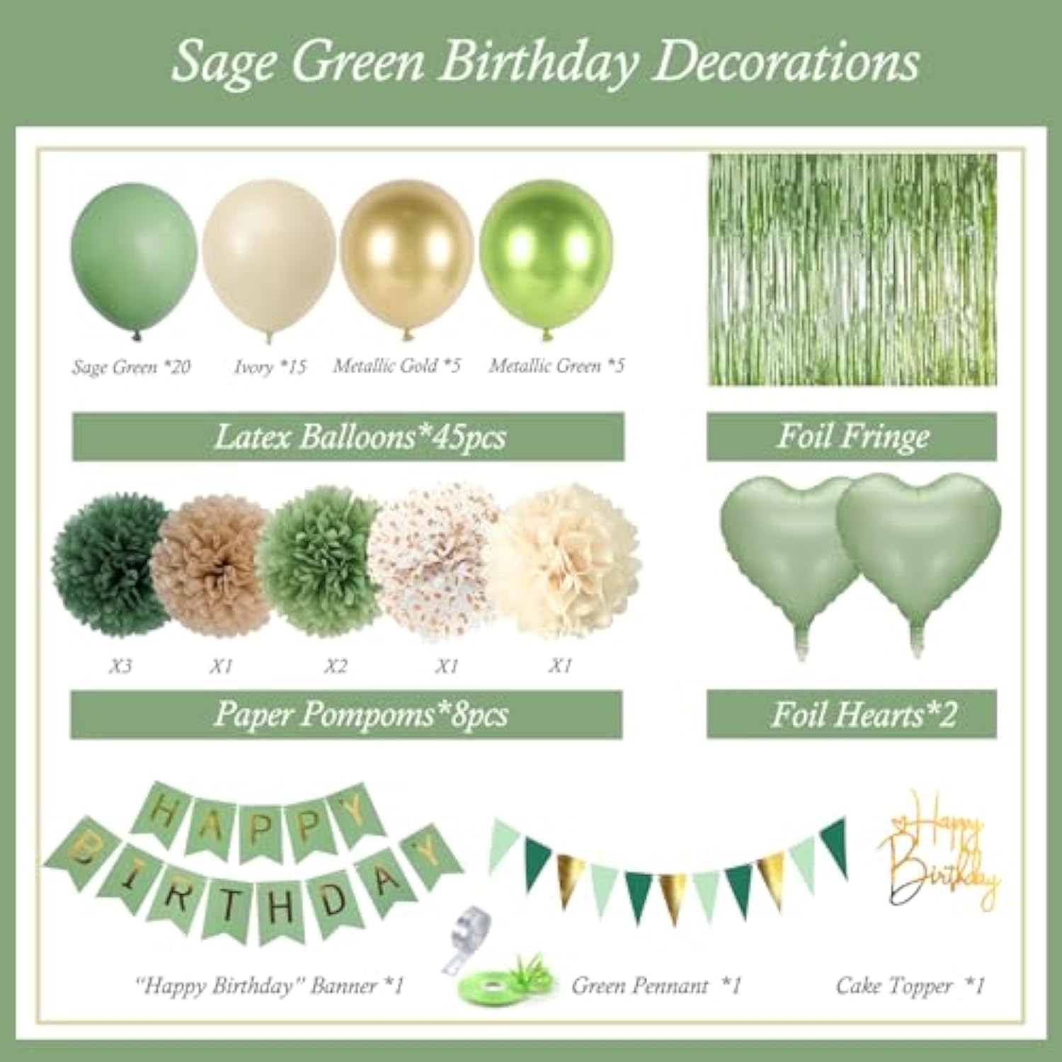 Sage Green & Gold Birthday Decor with Balloons, Banner & Fringe Curtain Backdrop