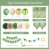 Sage Green & Gold Birthday Decor with Balloons, Banner & Fringe Curtain Backdrop