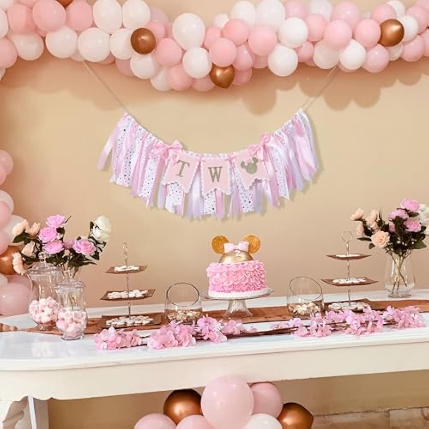 Minnie Mouse 2nd Birthday Highchair Banner – Pink Gold Ribbon Decor & Photo Prop for Girls