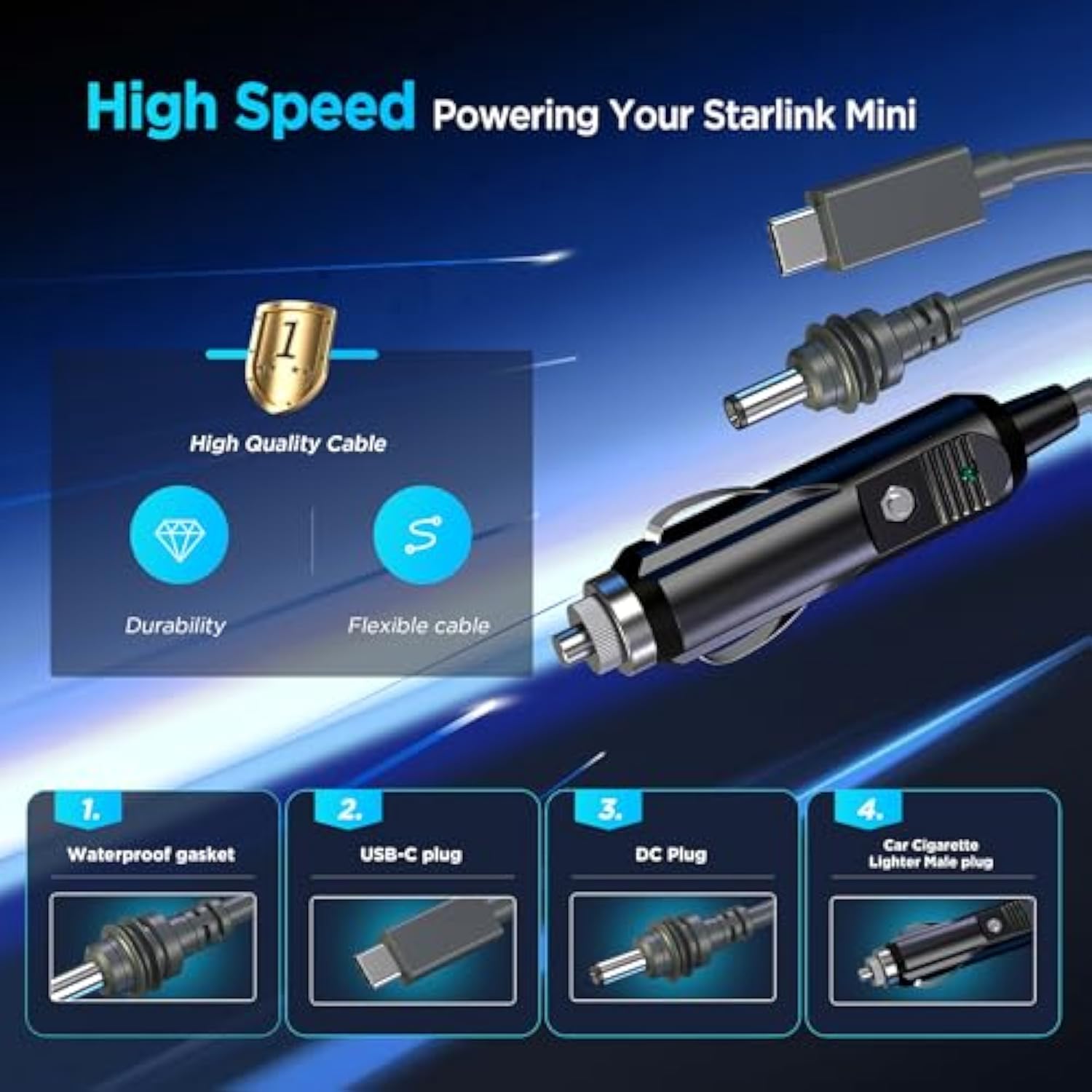 3 In 1 Starlink Mini Cable 10Ft/ 3M, High-Speed Usb C/Car Charger/Dc To Dc Replacement Cable For Starlink Mini Power, Waterproof Extension Power Cable Accessories