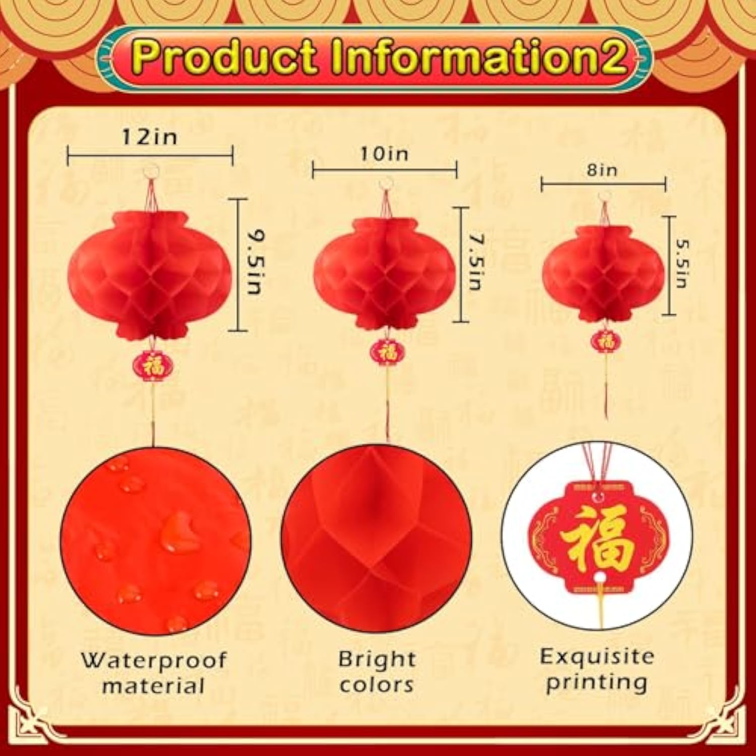 3D Chinese New Year 2026 Dragon Decoration with 12 Red Lanterns Party Decor