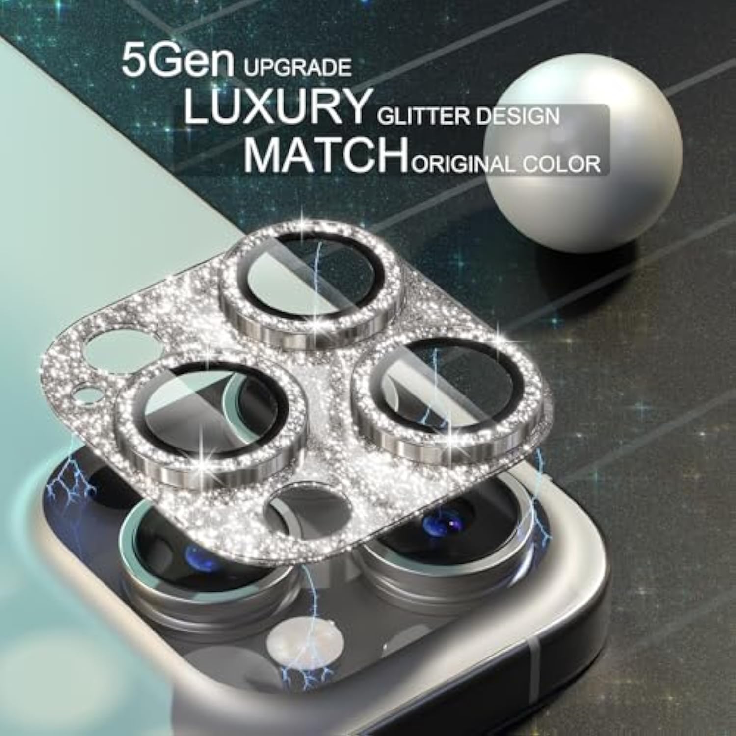 Compatible For Iphone 15 Pro/Iphone 15 Pro Max Camera Lens Protector, Bling Camera Cover With 9H Tempered Glass Lens Screen Protector Metal Ring Decoration Accessories (Glitter-Titanium Gold)