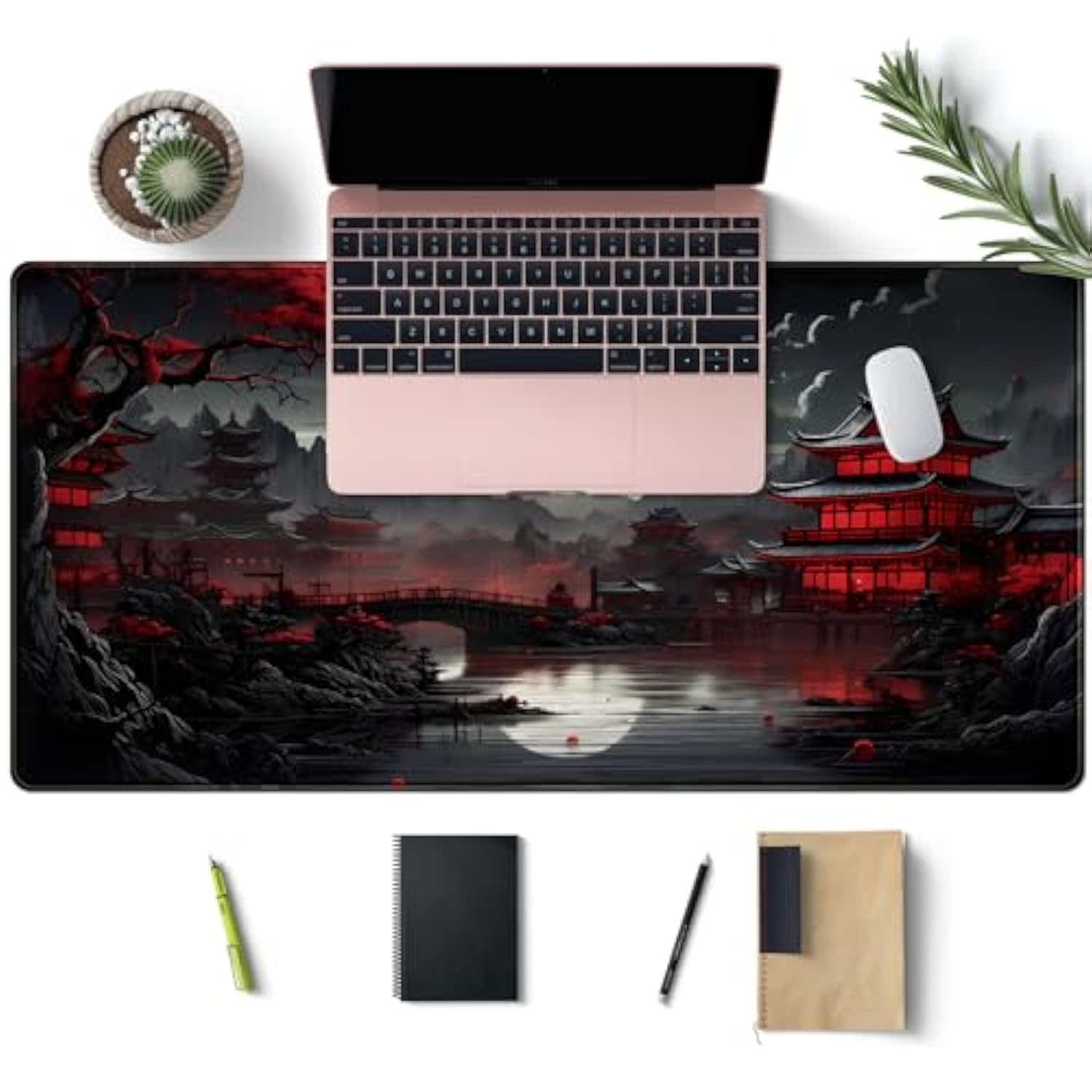 Japanese Desk Mat Riverside Full Moon Desk Pad Black Red Large Mouse Pad Gaming Mousepad Extended Xxl Keyboard Pad 31.5 X 15.7 In Laptop Computer Mouse Keyboard Mat For Office Desk Decor