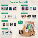 Cell Phone Charging Stations, Bamboo Dock Organizer For Multi Devices, Tablets, Smart Watch, With Pack 5 Cables, No Power Charger Supply