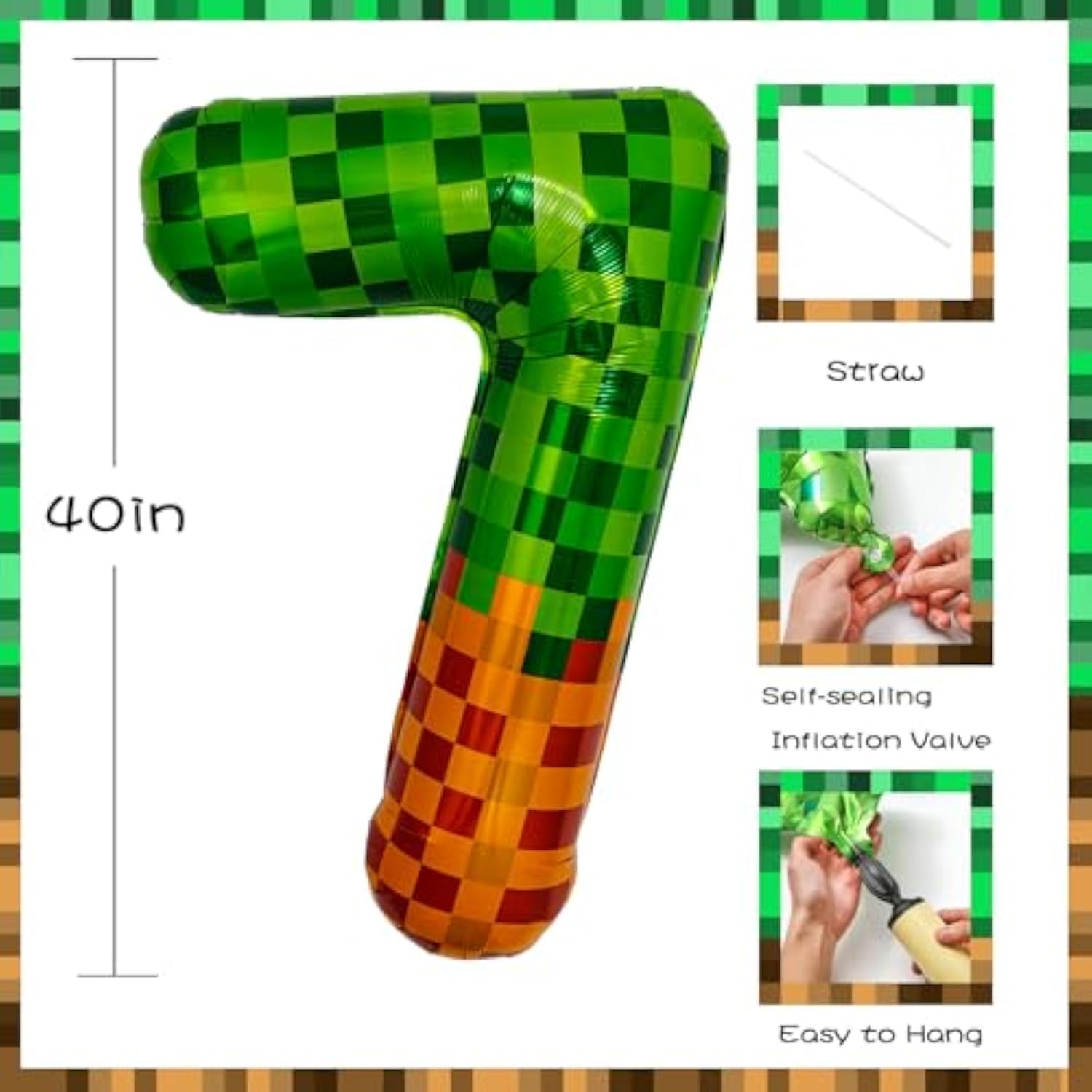 Pixel & Tnt Theme 40In Giant Number Balloons - Foil Mylar Birthday Party Decorations For Kids Adults Cumpleaños, Block Style Pixel Art Shape Balloon Decor Supplies (Pixel, Number 7)