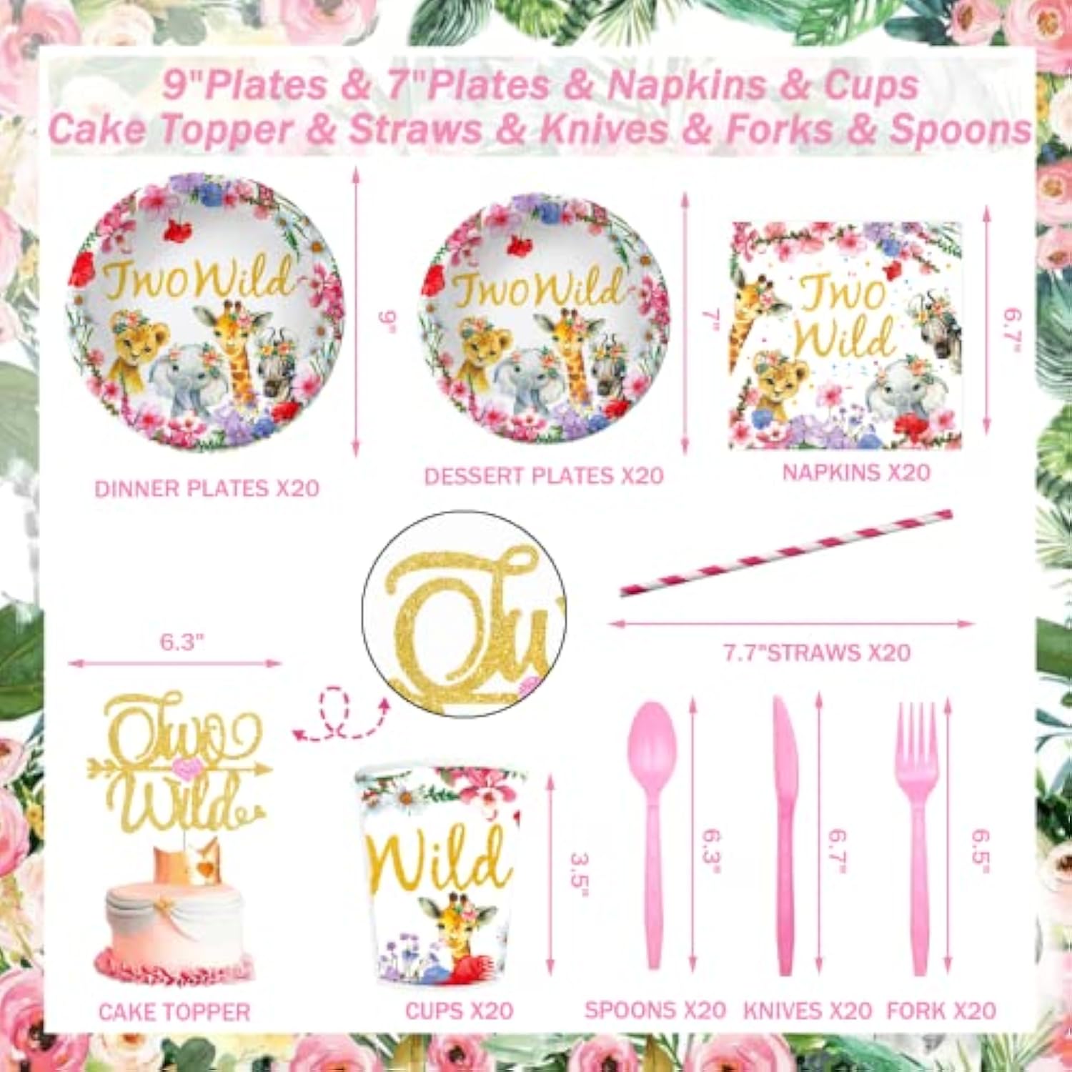 231 Pcs Two Wild Birthday Decorations Girl, Jungle Safari Animal Theme 2Nd Party Supplies Backdrop Balloon Garland Leaves Banner Tablecloth Cake Topper Plate Napkin Cup Straw Knife Fork Spoon