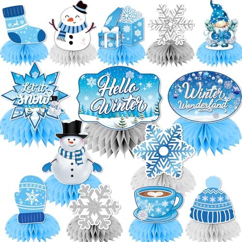 14Pcs Winter Wonderland Party Decorations Winter Centerpieces for Table, Winter Party Decorations Snowflake Centerpieces for Tables, Winter Table Decorations Honeycomb Centerpieces for Frozen Party