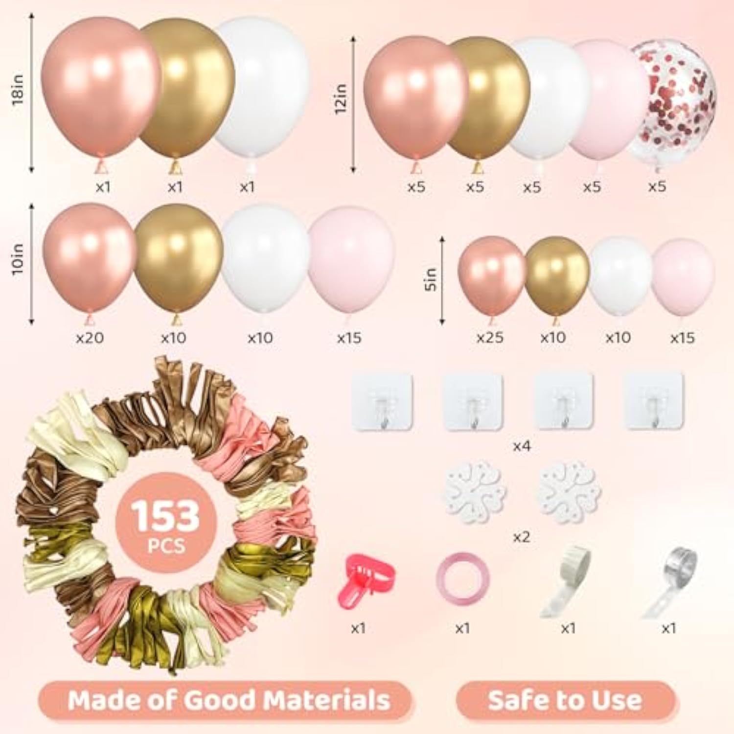153pcs Rose Gold Balloon Arch Kit, Pink White Gold Balloons for Party Decorations