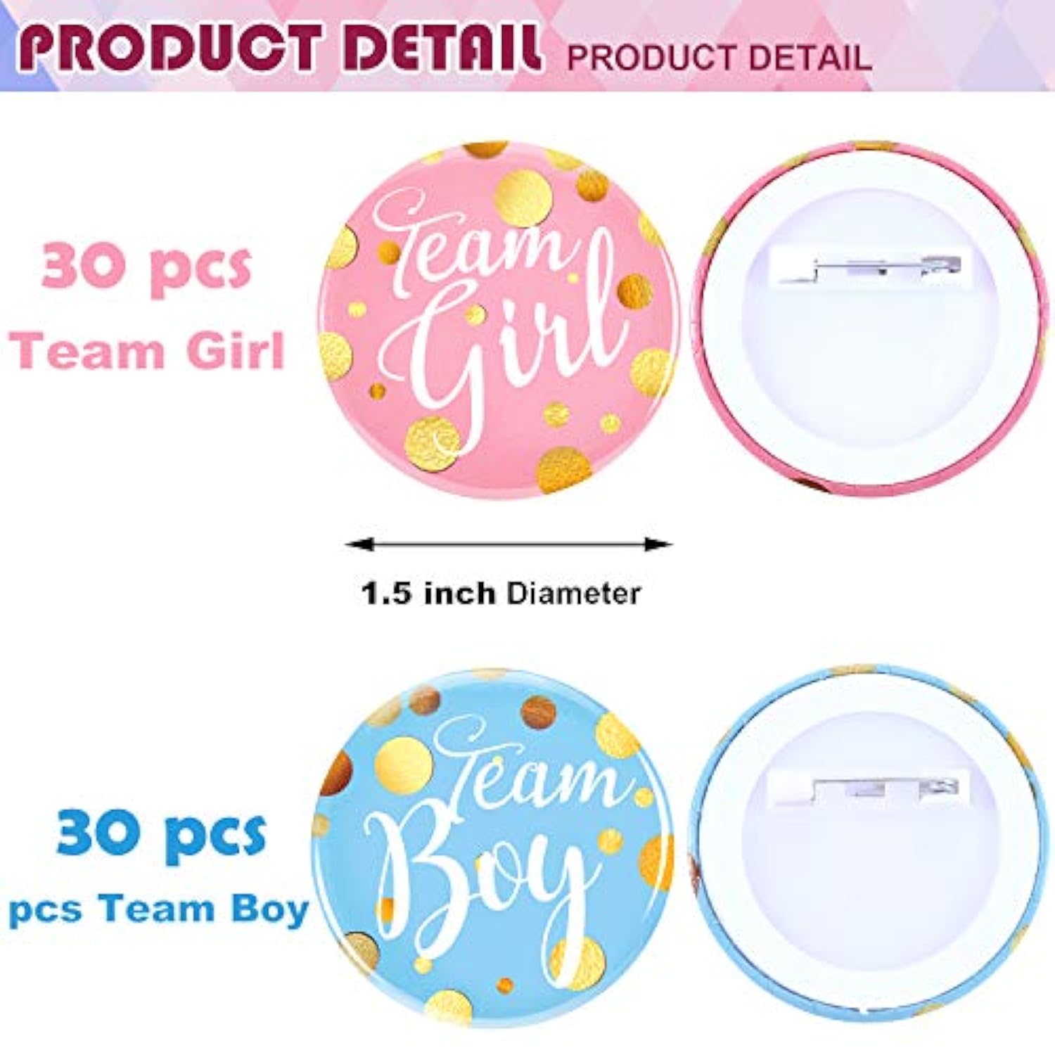 60 Pieces Gender Reveal Pins Team Girl And The Boy Button Pin Baby Shower Pink Blue Brooch For Baby Shower Party Favors Gender Reveal Party Supplies 1.5 Inch