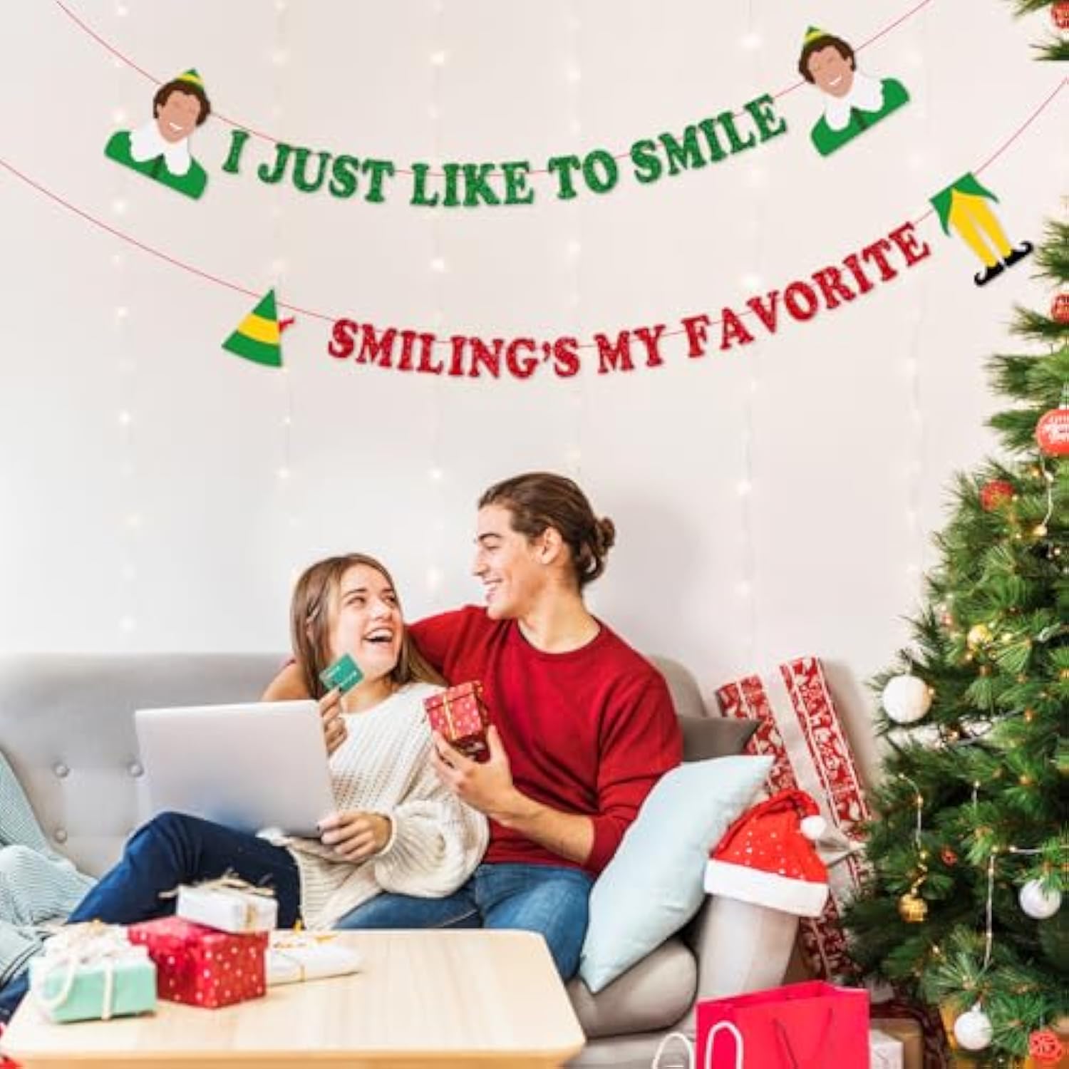 Funny Elf Christmas Decorations, Novelty Buddy The Elf Party Banner Decor Supplies, Holiday Hanging Sign For Fireplace Mantle Wall Decor, Christmas Party Photo Booth Backdrop - I Just Like To Smile