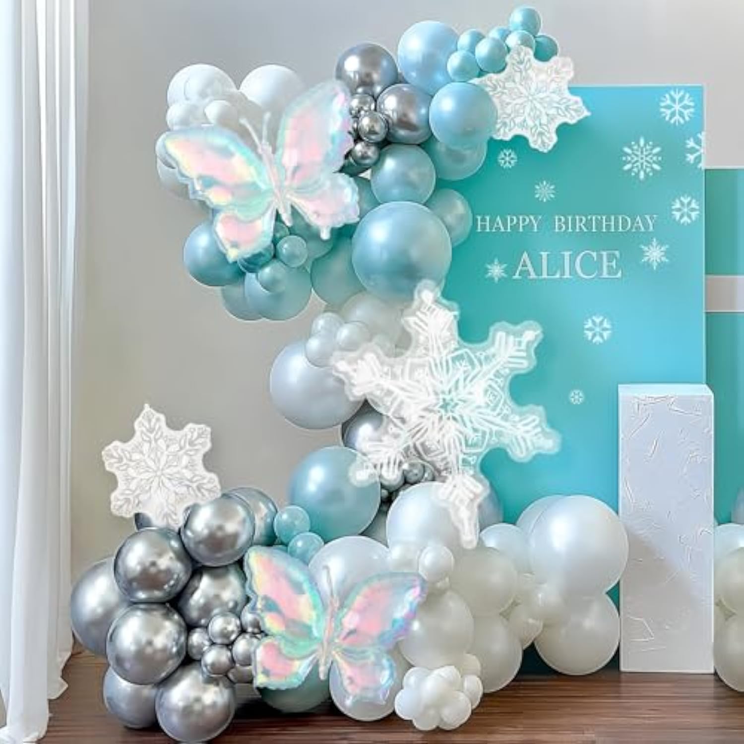 Winter Wonderland Balloon Arch Kit,110Pcs Double-Stuffed Ice Blue Silver Pearl White Balloon Garland With Snowflake,Iridescent Butterfly Foil Balloons For Frozen Princess Birthday Christmas Decoration