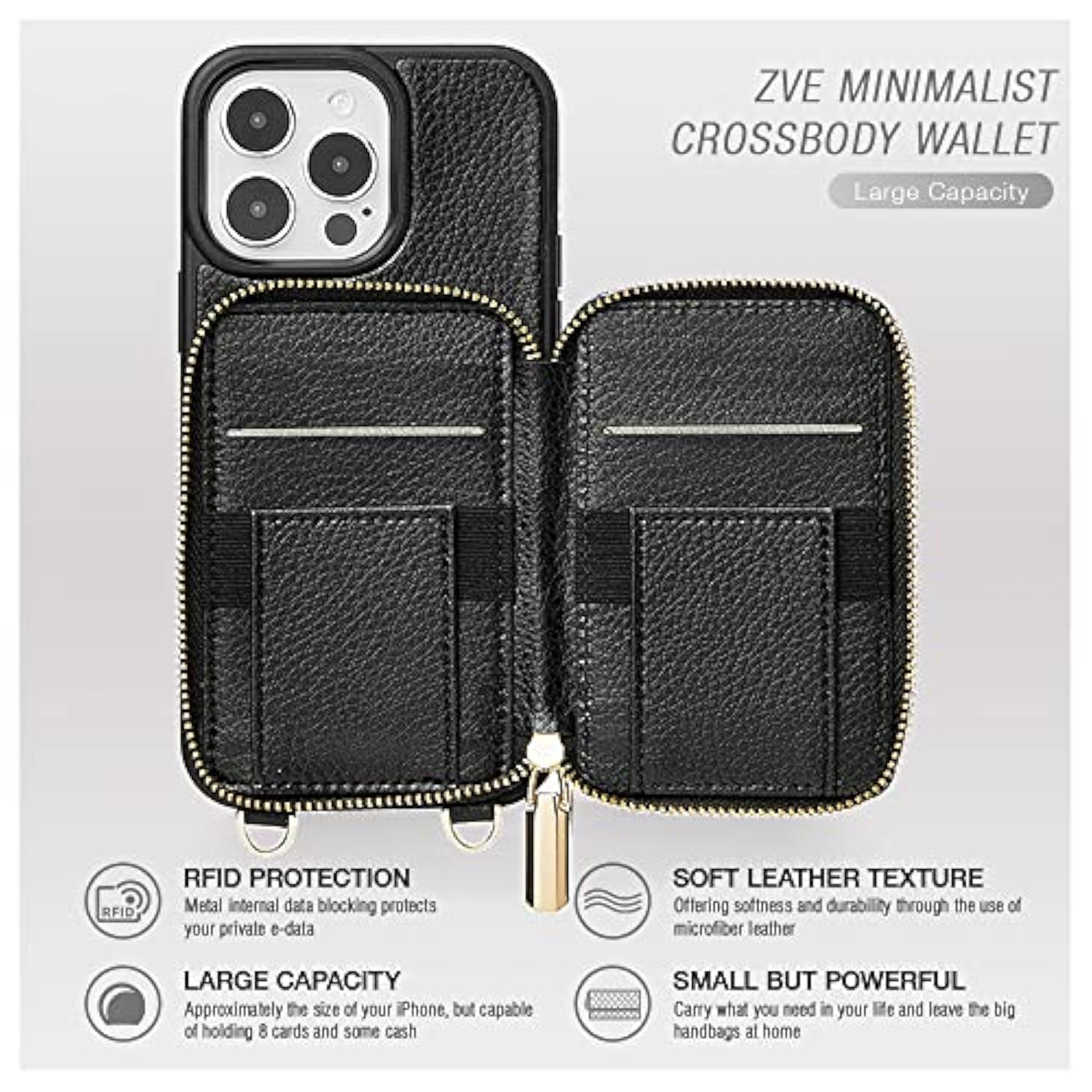 For Iphone 13 Pro Wallet Case, Zipper Crossbody Phone Case With Rfid Blocking Card Holder Wrist Strap Purse Cover For Women Compatible With Iphone 13 Pro (6.1 Inch, 2021)- Black