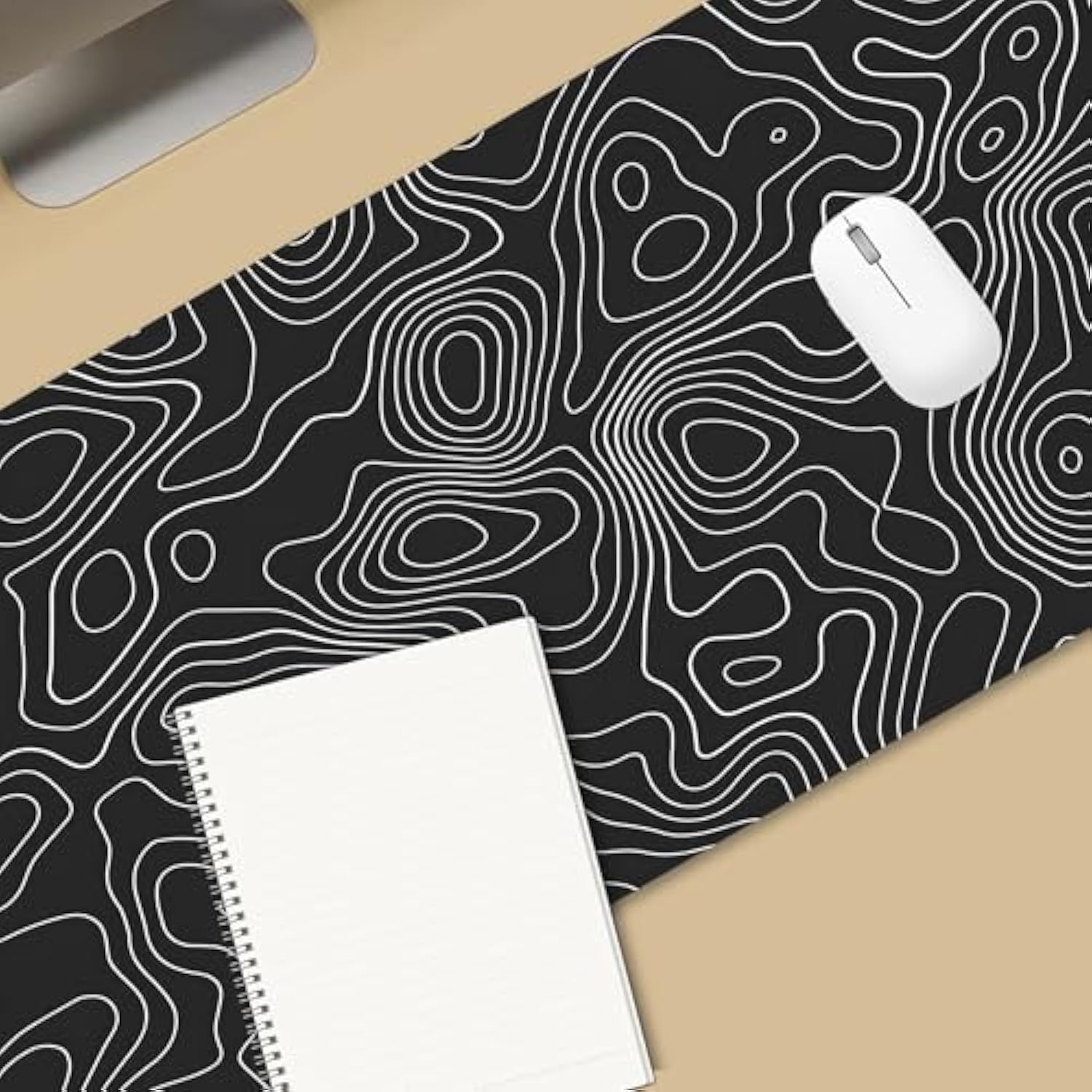 Black Topographic Map Mouse Pad, Cool Minimalist Desk Mat, Xxl Anime Gaming Keyboard Mat, Non-Slip Rubber Base, Big Extended Desk Protector For Home Office, 35.4”X15.7” (Black Topographic Map)