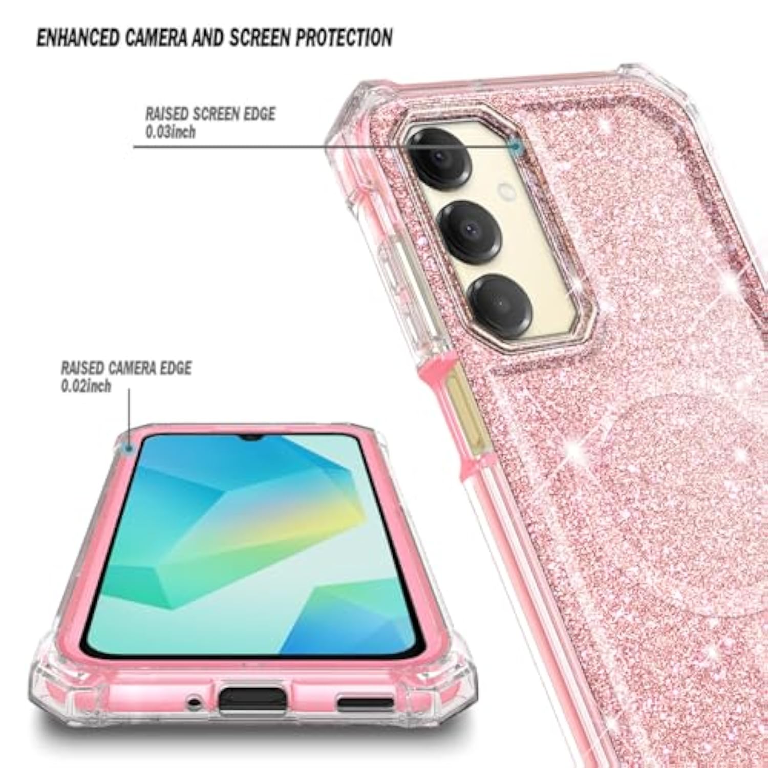 Designed For Samsung Galaxy A16 5G/4G Phone Case, Magnetic Compatible With Magsafe, [Raised Corners Drop Protection] Shockproof Protective Bumper Cover (Glitter Rose Gold)